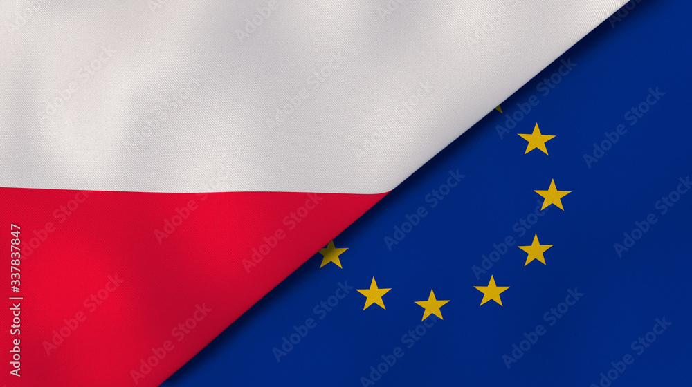 The flags of Poland and European Union. News, reportage, business background. 3d illustration The flags of Poland and European Union. News, reportage, business background. 3d illustration