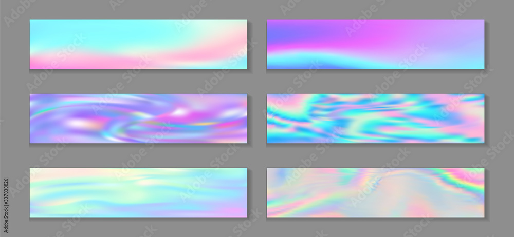 Holography cool flyer horizontal fluid gradient unicorn backgrounds vector set. Opalescence 