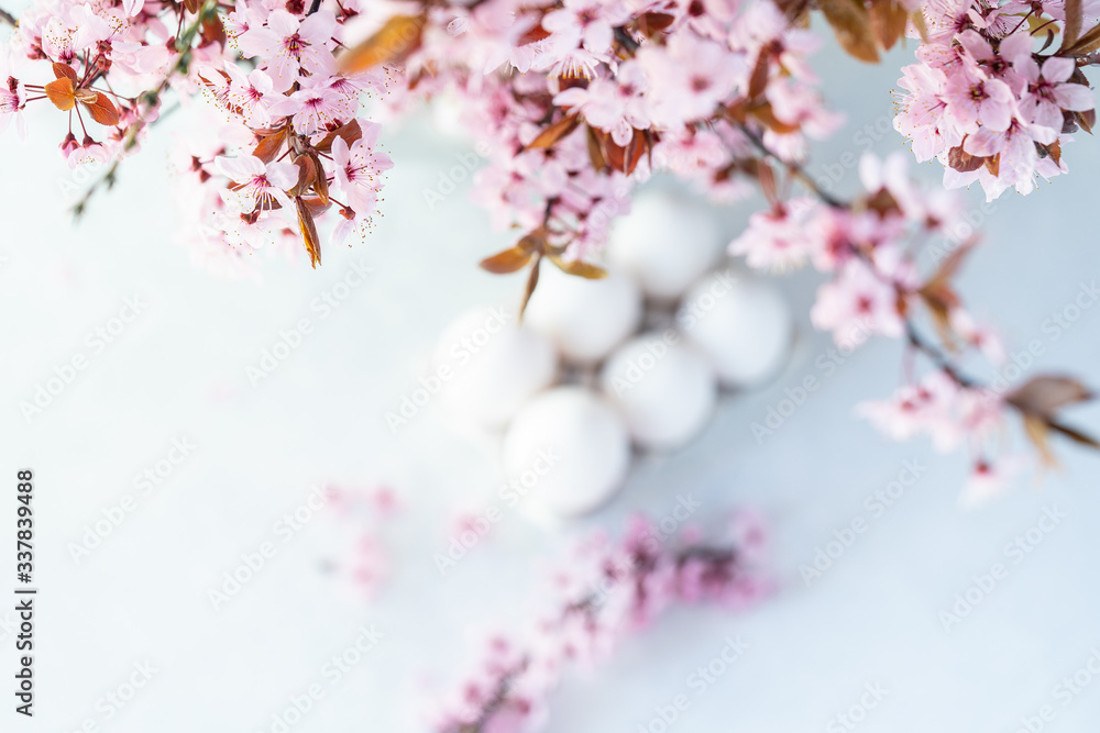 Beautiful eggs for Easter and for Breakfast on a grey background. The concept of spring and healthy food.