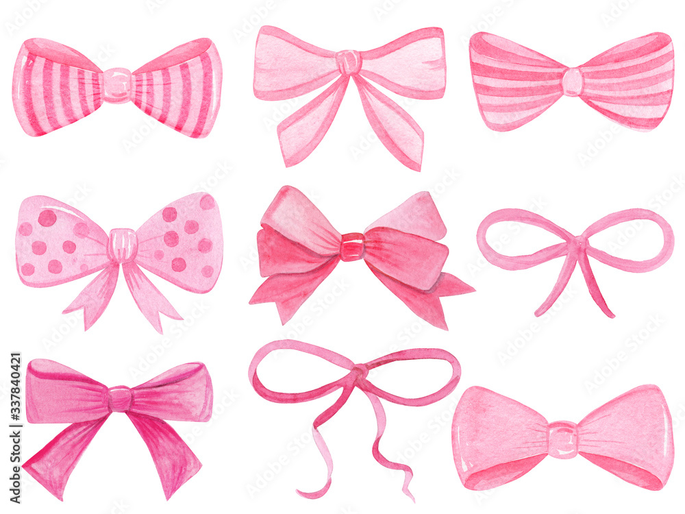 Watercolor pink bows set isolated on white background. Hand drawn collection of ribbon illustrations