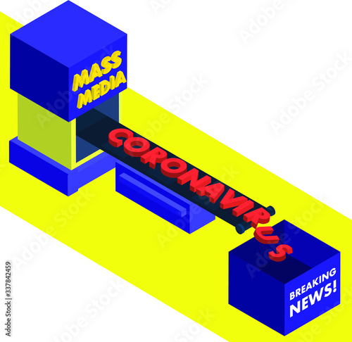 Coronavirus in Mass Media concept. Isometric Flat Robotics Factory Conveyor vector illustration.