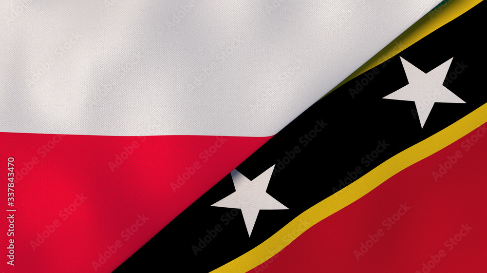The flags of Poland and Saint Kitts and Nevis. News, reportage, business background. 3d illustration The flags of Poland and Saint Kitts and Nevis. News, reportage, business background. 3d illustration