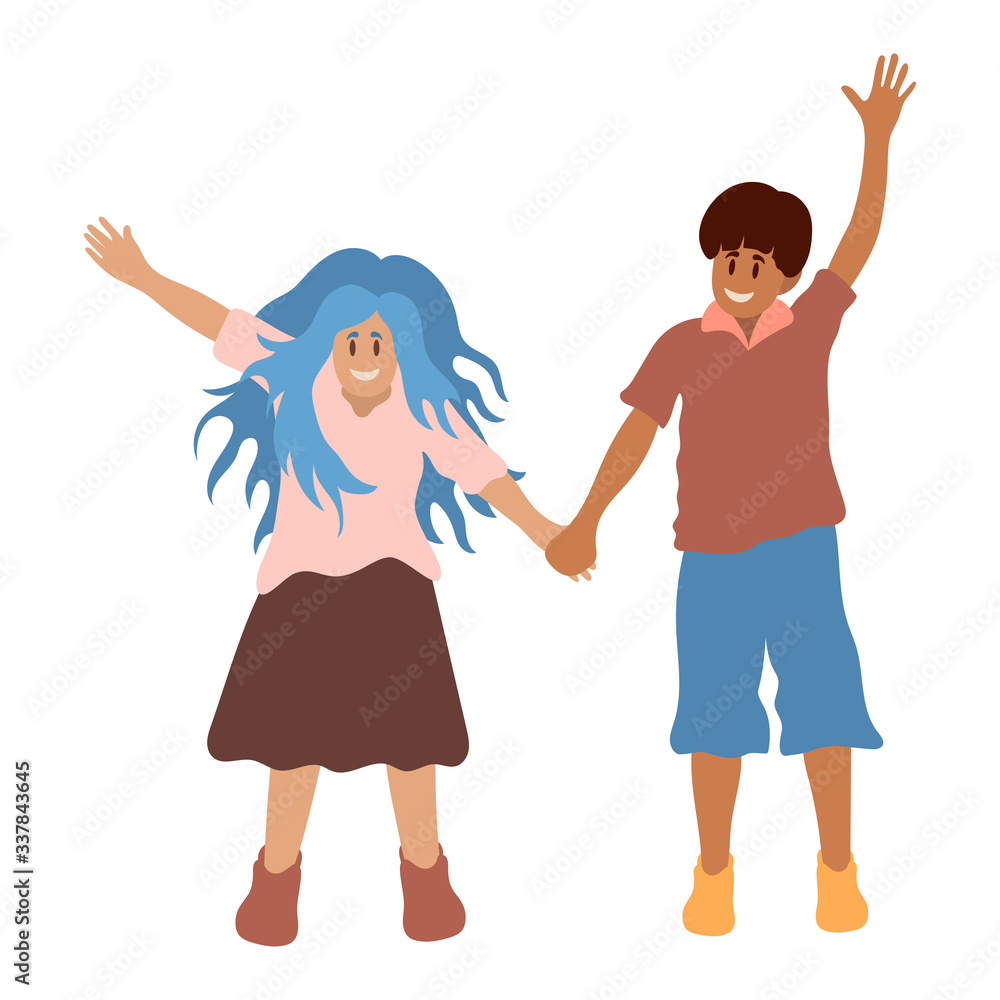 Group portrait of smiling teenagers, boy and girl, waving hands. Happy students, school friends, standing together, hugging each other, isolated on white background. Vector flat cartoon illustration.