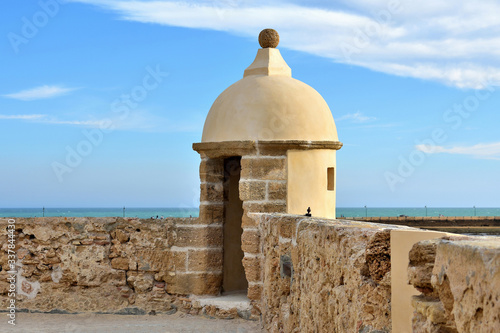 Sentry box of a military soldier in the castle of Santa Catalina in the bay of Cadiz, Andalusia. Spain. Europe. 