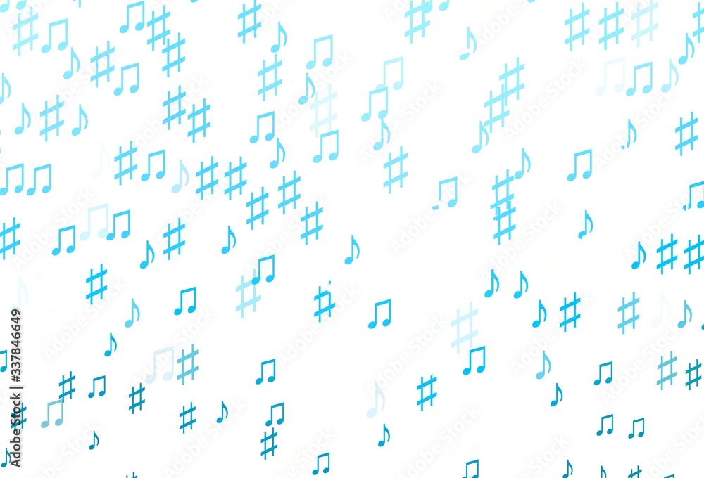 Light BLUE vector background with music symbols.