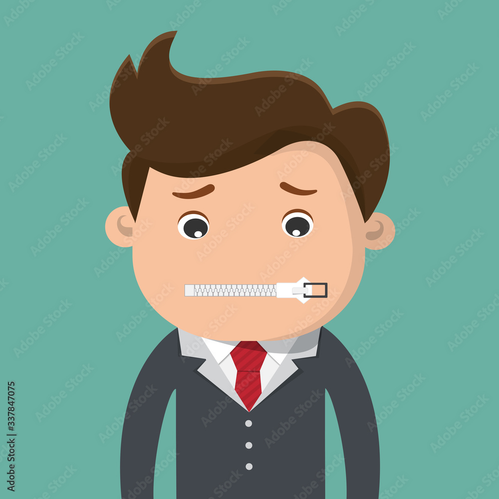 Businessman zipped his mouth. Business hit shut up concept. Vector illustration.
