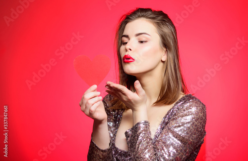 Sweet kiss. Spread romantic mood around. Air kiss. Love you so much. Woman attractive kiss face send love to you. Valentines day and romantic mood. Tender kiss from lovely girl with makeup red lips
