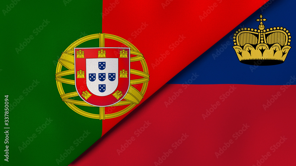 The flags of Portugal and Liechtenstein. News, reportage, business background. 3d illustration