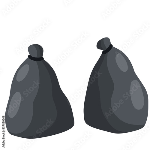 Black trash bag and trash. set of objects. Cartoon flat illustration. Plastic packaging. Processing of wastes. problem of ecology and junk