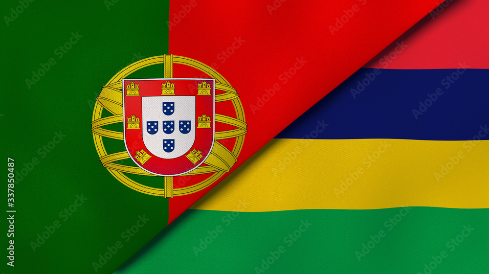 Fototapeta premium The flags of Portugal and Mauritius. News, reportage, business background. 3d illustration