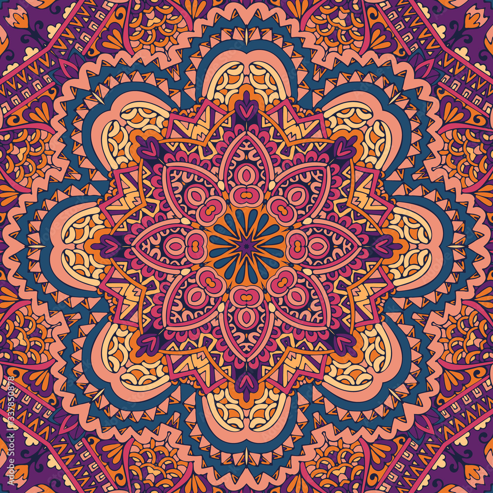 Vector hand drawn doodle mandala. Ethnic star flower with colorful ornament. Illustration on doodle style.