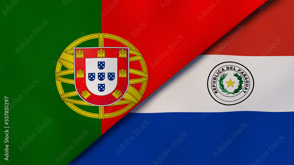 The flags of Portugal and Paraguay. News, reportage, business background. 3d illustration