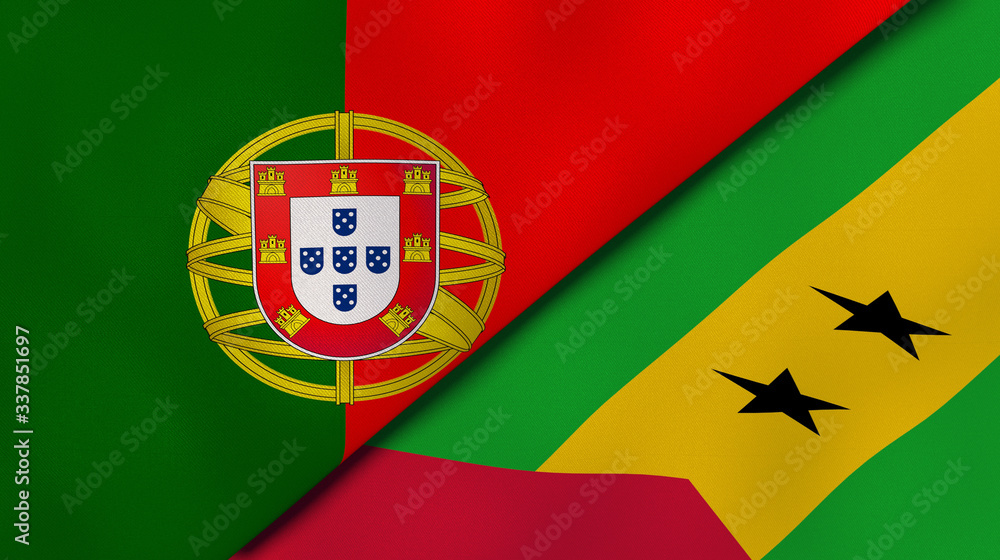 The flags of Portugal and Sao Tome and Principe. News, reportage, business background. 3d illustration The flags of Portugal and Sao Tome and Principe. News, reportage, business background. 3d illustration