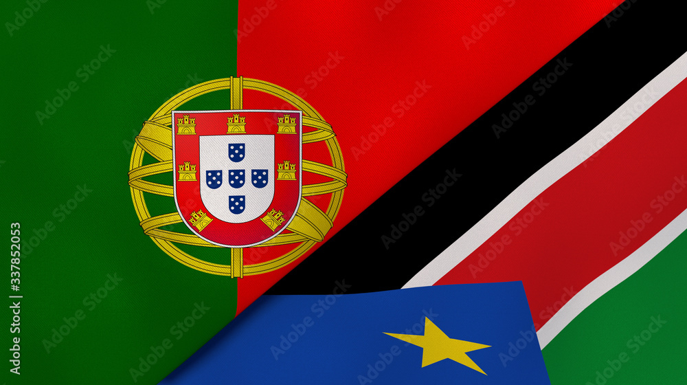 The flags of Portugal and South Sudan. News, reportage, business background. 3d illustration The flags of Portugal and South Sudan. News, reportage, business background. 3d illustration