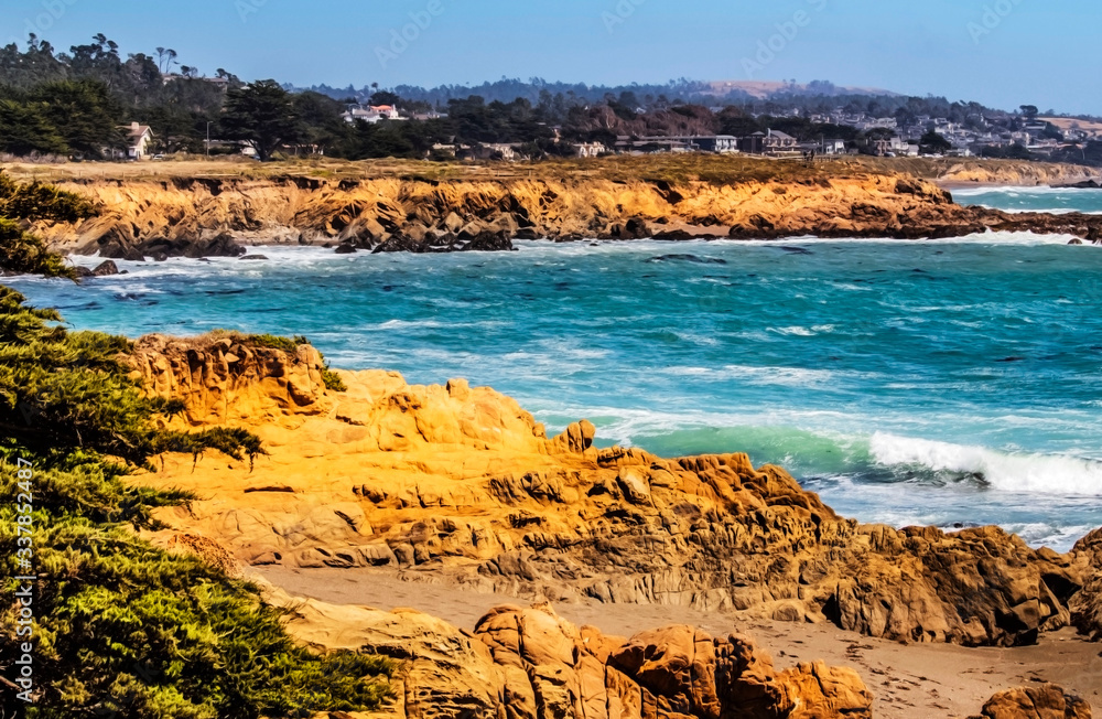 coast of the sea, California, sea, beach, ocean, landscape, seascape, sand, blue sky, cliff, coastline