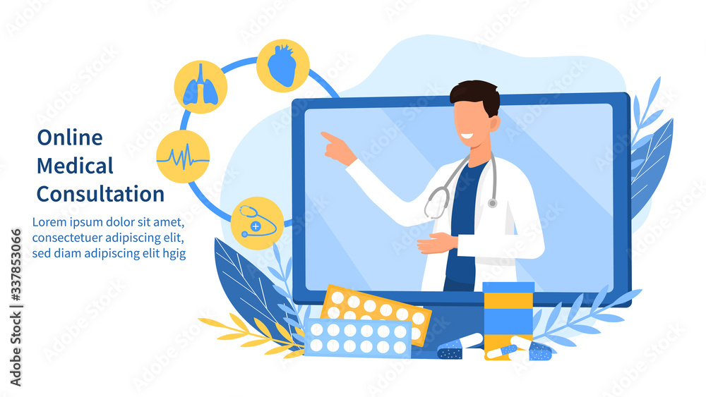 Online Medical Consultation concept with a doctor on a laptop screen Online Medical Consultation concept with a doctor on a laptop screen
