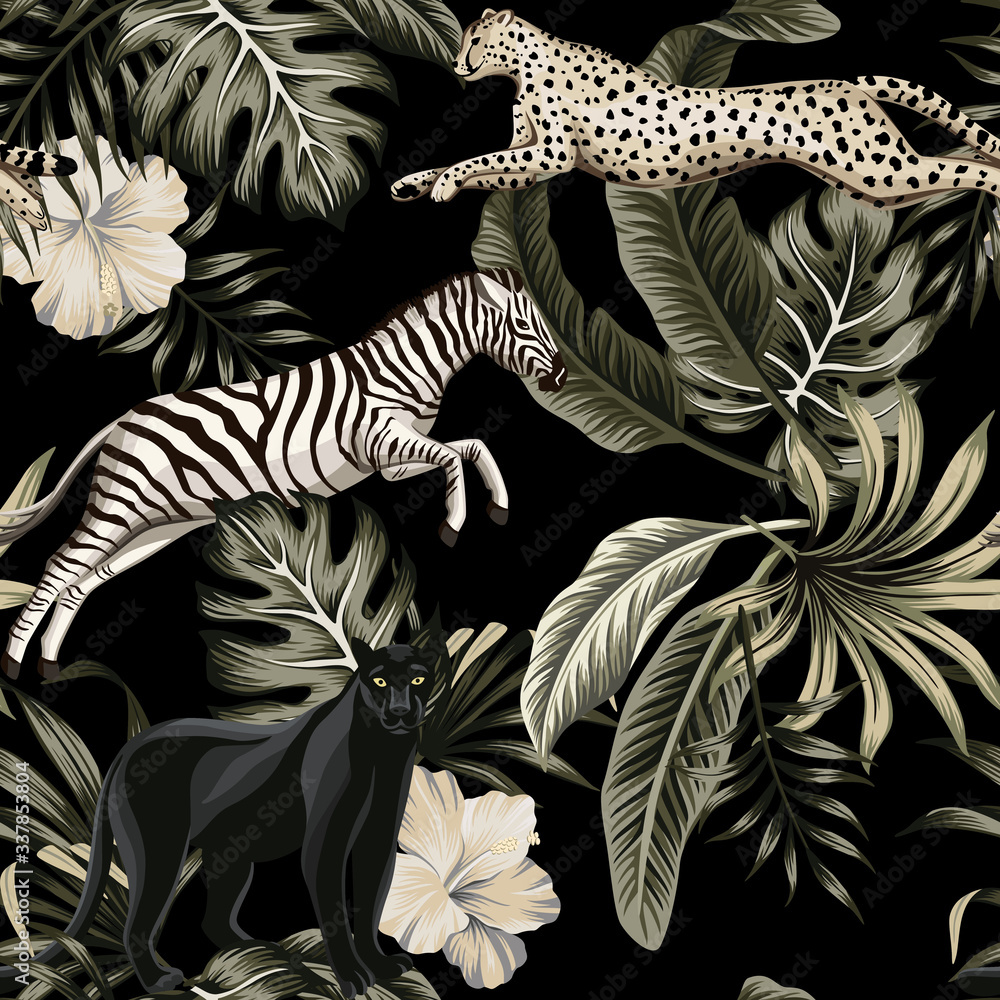 Fototapeta Tropikalna dżungla, czarna pantera, zebra, gepard - wzór vintage z efektem 3D