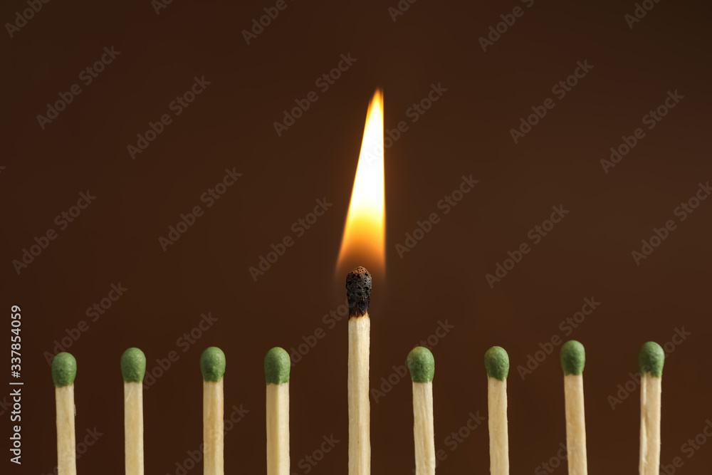 Burning match among unlit ones on brown background, closeup Burning match among unlit ones on brown background, closeup