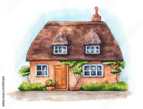 Hand drawn illustration of traditional English village house isolated on white background. Watercolor cozy house with thatched roof, plants and sky.

