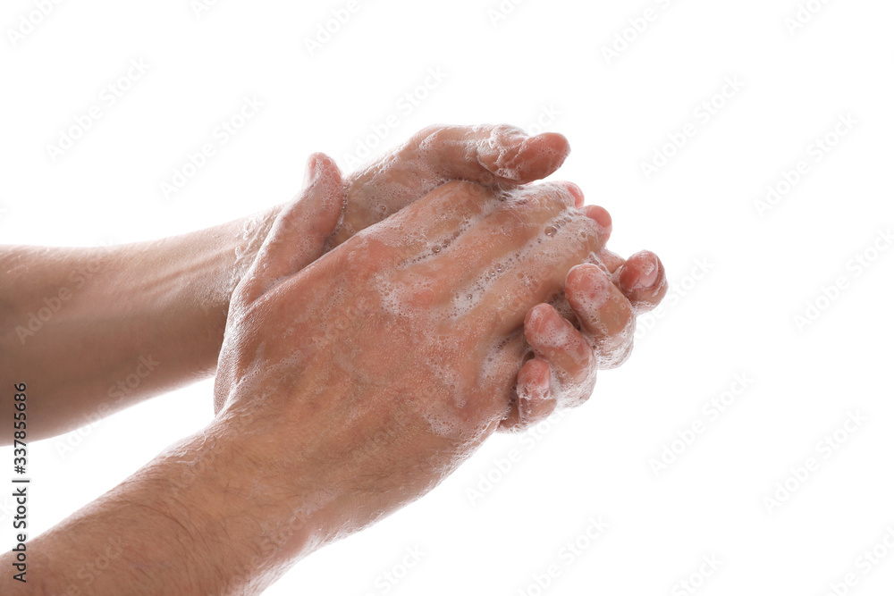Man washing hands with soap on white background, closeup Man washing hands with soap on white background, closeup