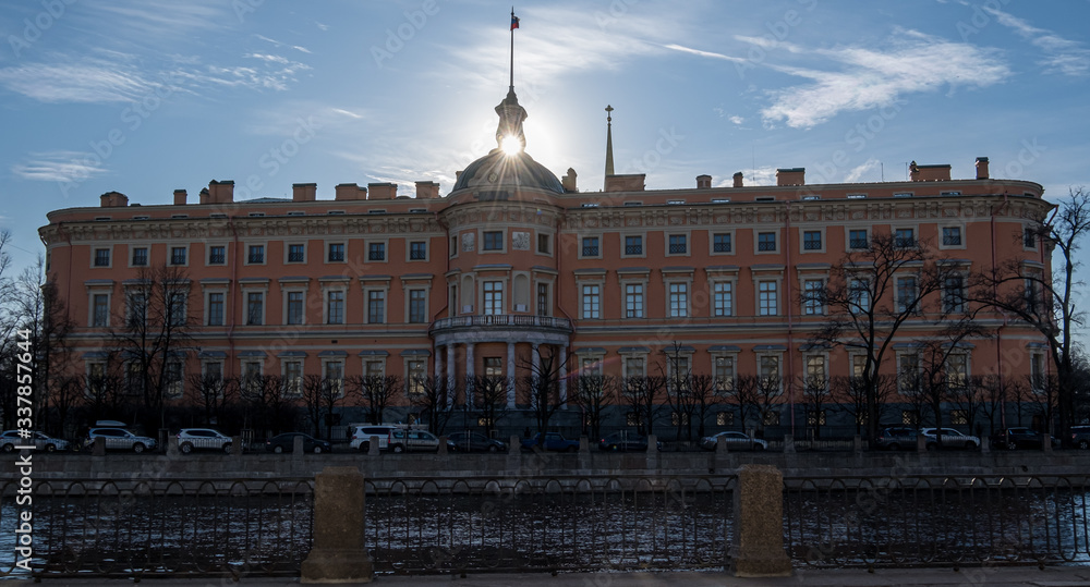 Mikhailovsky Castle in St. Petersburg from the embankment of the Moika River in St. Petersburg
