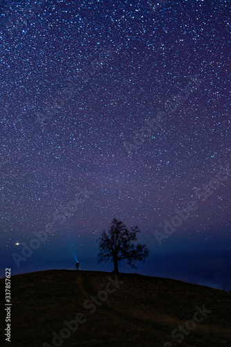 Rear view of man standing on hill under starry sky