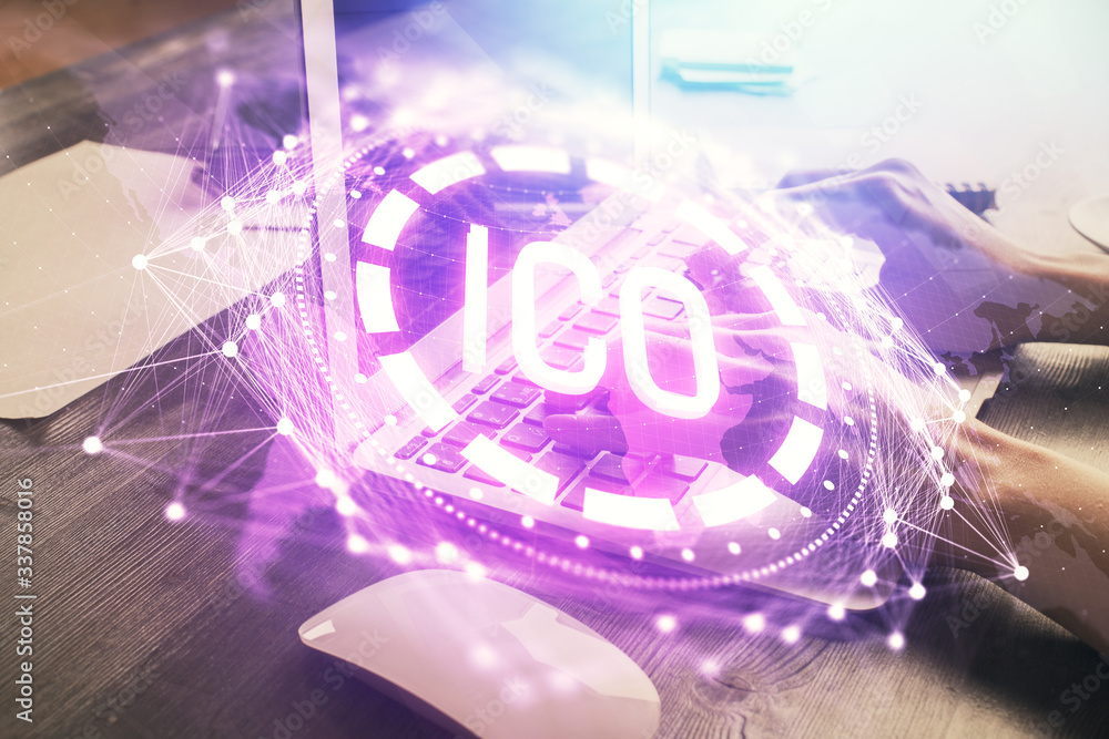 Naklejka premium Double exposure of woman hands typing on computer and crypto market theme hologram drawing. Blockchain concept.