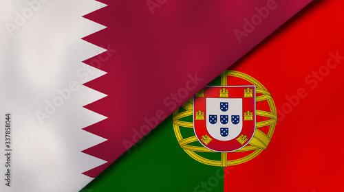 The flags of Qatar and Portugal. News, reportage, business background. 3d illustration