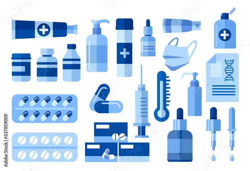Pharmacy purchases, pharmaceutical products, pills, capsules, drugs, medicament, medical supplies. Set of medical goods, tubes, bottles, containers. Vector illustration isolated on white