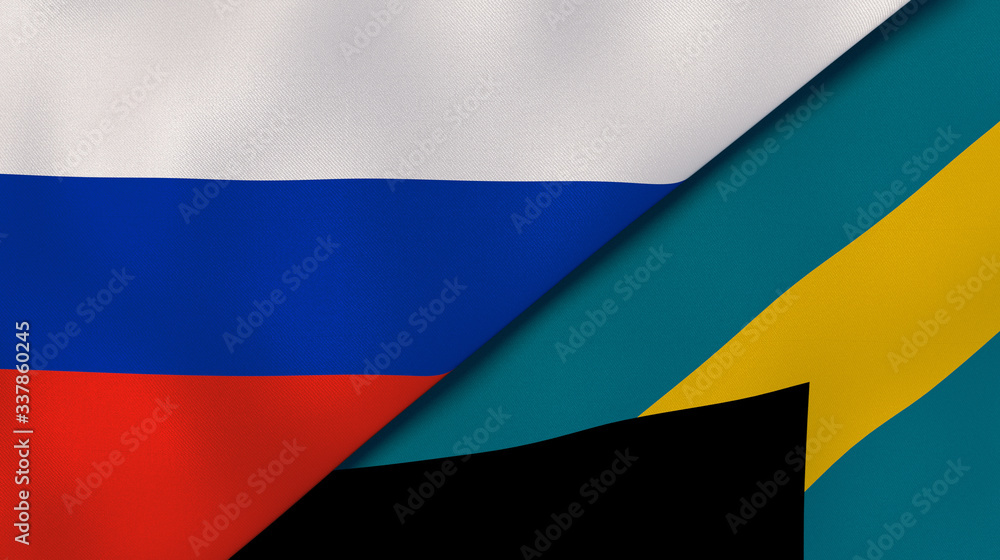 Fototapeta premium The flags of Russia and Bahamas. News, reportage, business background. 3d illustration