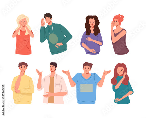 People friends characters tell rumors gossip. Vector flat cartoon graphic design illustration set collection