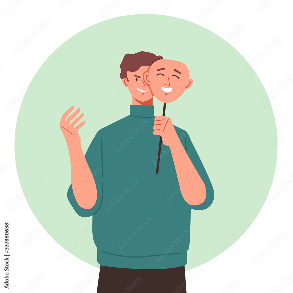 Bad man character wear good mask concept. Vector flat cartoon graphic design isolated illustration Bad man character wear good mask concept. Vector flat cartoon graphic design isolated illustration