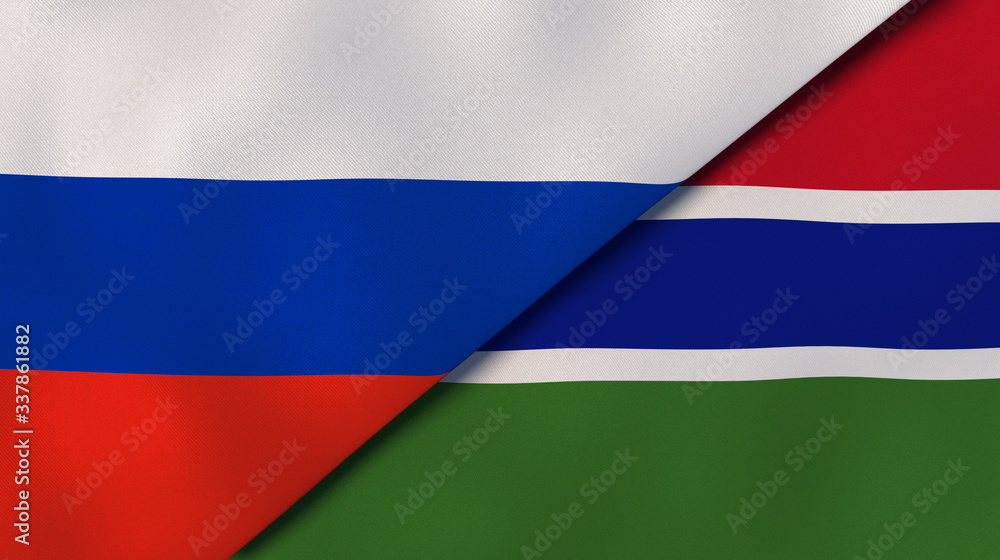 Fototapeta premium The flags of Russia and Gambia. News, reportage, business background. 3d illustration