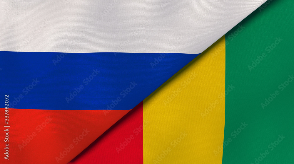 The flags of Russia and Guinea. News, reportage, business background. 3d illustration