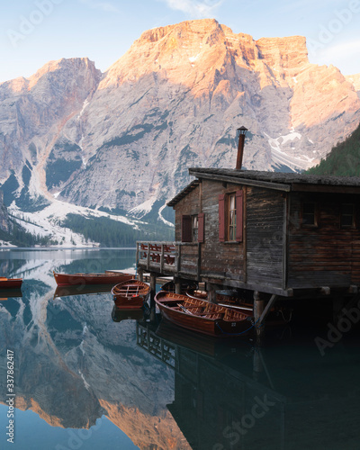 Sunrise at a lake in Italian Dolomites