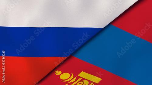 The flags of Russia and Mongolia. News, reportage, business background. 3d illustration photo