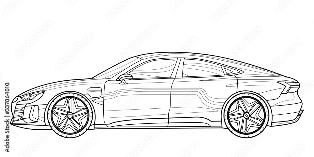 Сoloring book page for adult drawing. Paper. Car with outlines. Vector illustration vehicle. Graphic element. Wheel. Black contour sketch illustrate Isolated on white background.