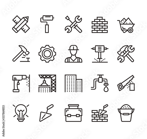 Building and construction simple line isolated icon set collection. Vector flat graphic design illustration