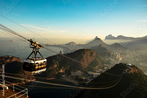 Sugarloaf Mountain with cable car and viewpoint to Copacabana beach in Rio de Janeiro, Brazil.