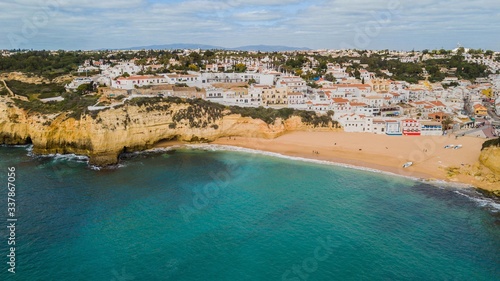 Aerial view of Carvoeiro beach. Beautiful beach in the Algarve, Portugal