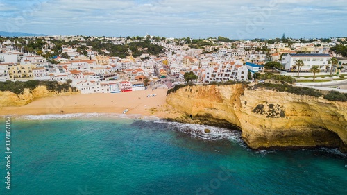 Aerial view of Carvoeiro beach. Beautiful beach in the Algarve, Portugal