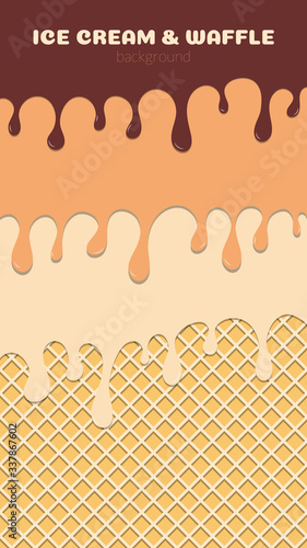Vector abstract background. Ice cream concept with waffle. Chocolate caramel and vanilla colors. Sweets. Place for text. Vertical banner. Copyspace.