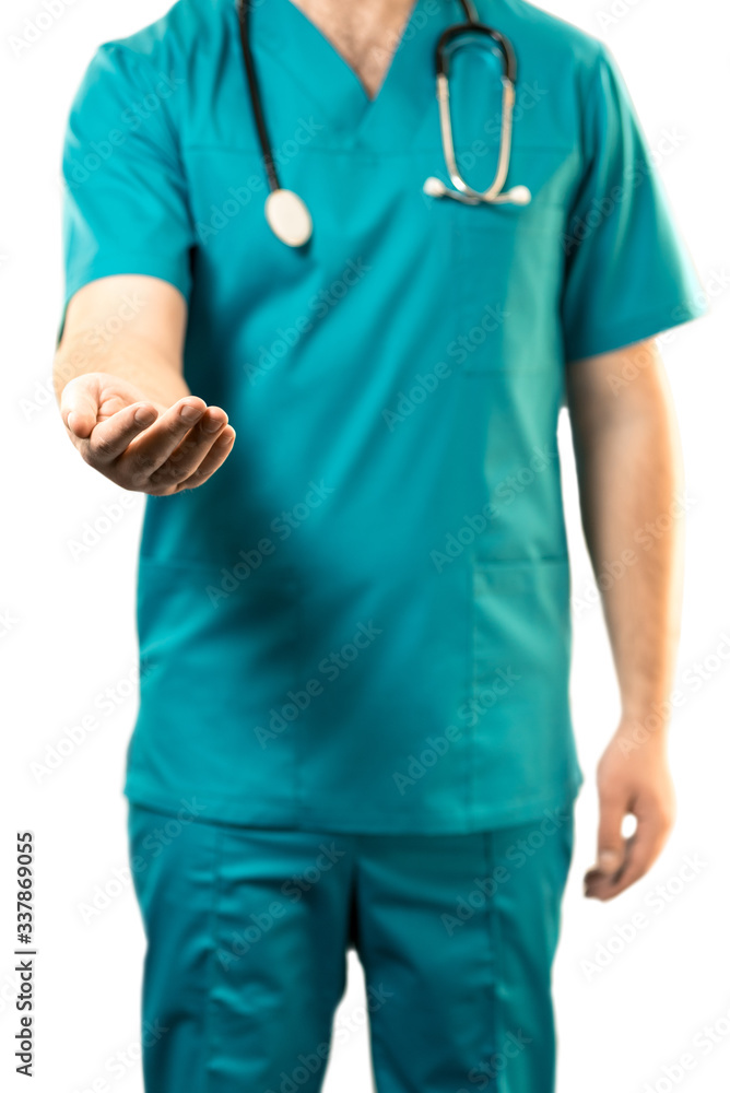 Sign of bribe or help. young male surgeon is standing in a blue suit with outstretched hand on a white background. Vertical frame Sign of bribe or help. young male surgeon is standing in a blue suit with outstretched hand on a white background. Vertical frame