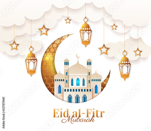 Gold and blue Eid al Fitr card design to celebrate the Festival of Breaking the Fast marking the end of the holy month of Ramadan, vector illustration