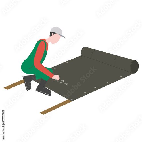 A man is laying artificial grass. Lawn. Flat vector illustration. artificial turf. green grass. Grass, lawn and lawn mower. Vector illustration. White background
