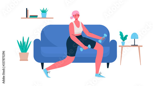 Woman in sportswear doing lunges with dumbbells at home. Woman doing workout indoor. Woman activities. Sport Healthy lifestyle, Fitness , Wellness Concept. Cartoon flat vector illustration.
