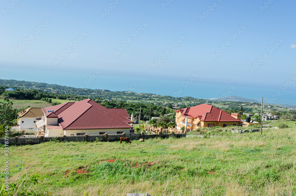 Landscape Of grass, Houses, And Sea