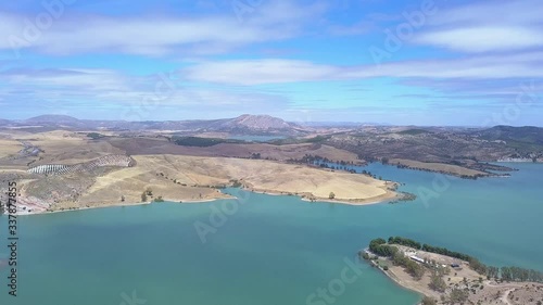 Cinematic panoramic view of the Natural Park “Desfiladero de los Gaitanes”.- Malaga, Iconic Andalusian touristic area, starting point of the Royal Trail (El Caminito del Rey). Andalucia. Spain BACK
