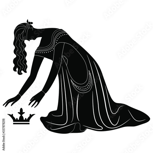 Isolated vector illustration. Medieval blindfolded princess who lost her crown. Kneeling defeated queen. Black and white linear silhouette.