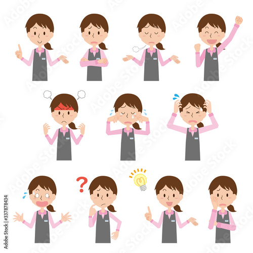 女性　受付　事務員　事務職　店員　感情　ポーズ　セット